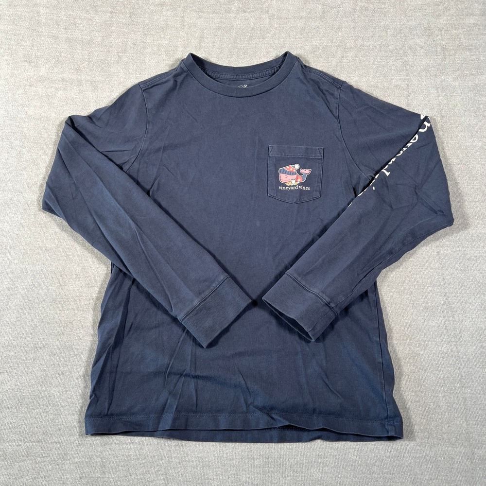 Vineyard Vines Holiday Whale Long Sleeve Pocket T-Shirt Kids Size S Navy Blue